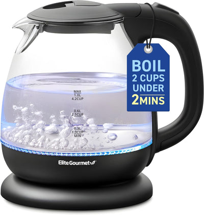 EKT1001 Electric 1.0L Bpa-Free 1100W Glass Kettle Cordless 360° Base, Stylish Blue LED Interior, Handy Auto Shut-Off Function – Quickly Boil Water for Tea & More, Black