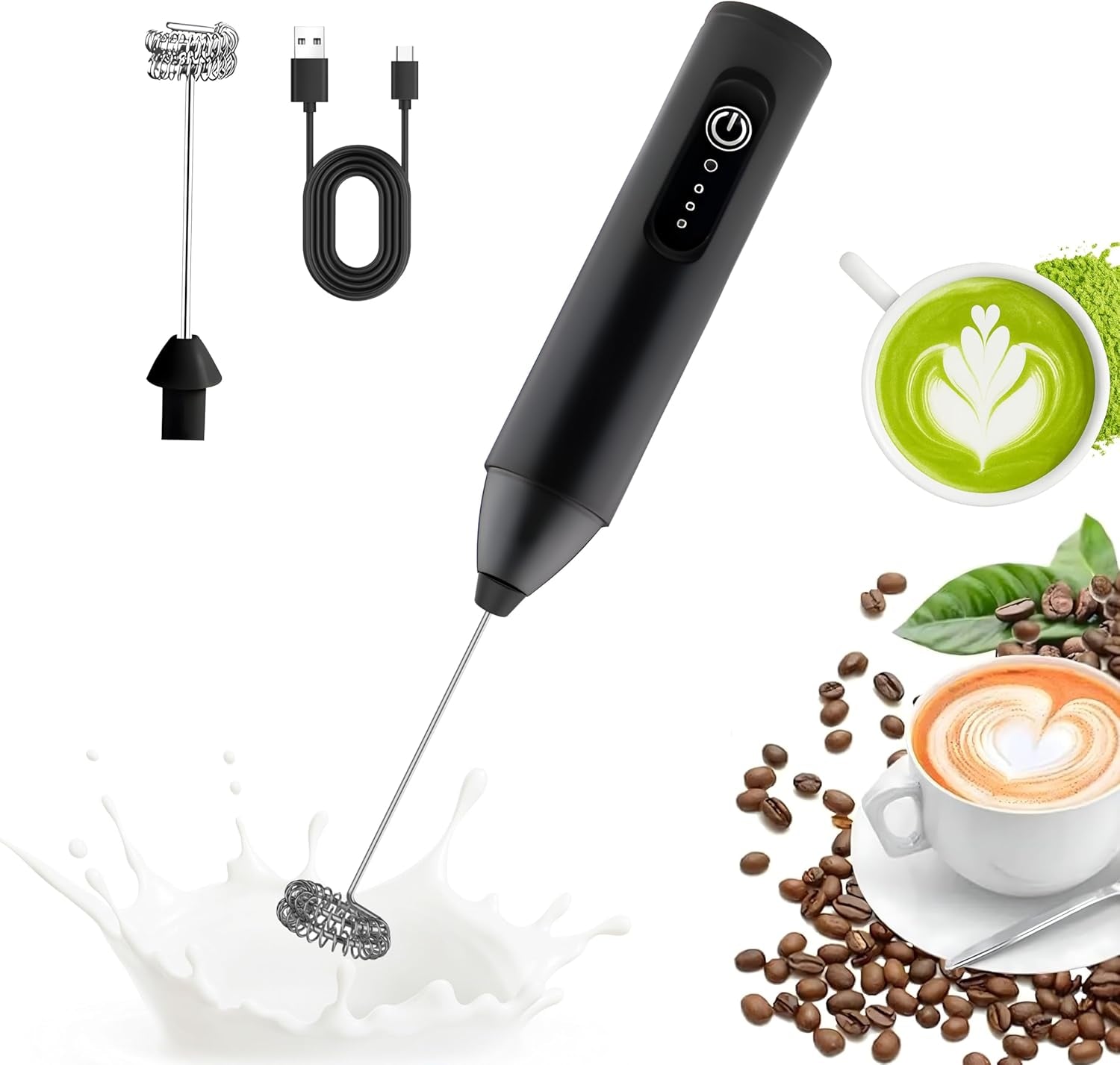 Milk Frother for Coffee – Handheld Electric Foam Maker with Stainless Steel Whisk, Portable & Powerful, Drink Mixer Handheld Electric Stirrer for Latte, Cappuccino, Matcha, Almond Milk, Protein