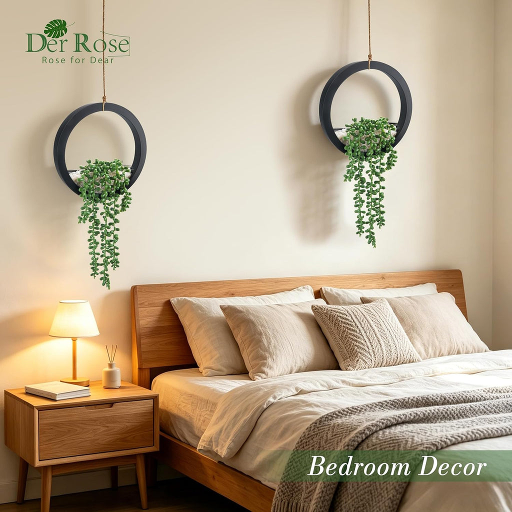2 Pack Fake Plants Hanging Artificial Succulents Plants in Black Pots for Living Room Bathroom Accessories Boho Farmhouse Wall Decor