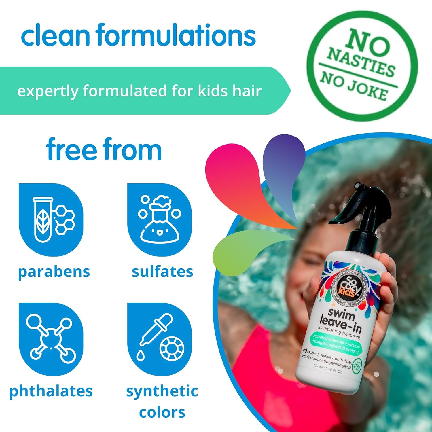 Socozy Swim Leave in Conditioner Spray & Treatment for Kids Hair (8 Fl Oz) Protects & Repairs Pool, Sun & Salt Damaged Hair, Gentle Formula with Activated Charcoal, Vitamin B5 & Sunflower Seed Extract