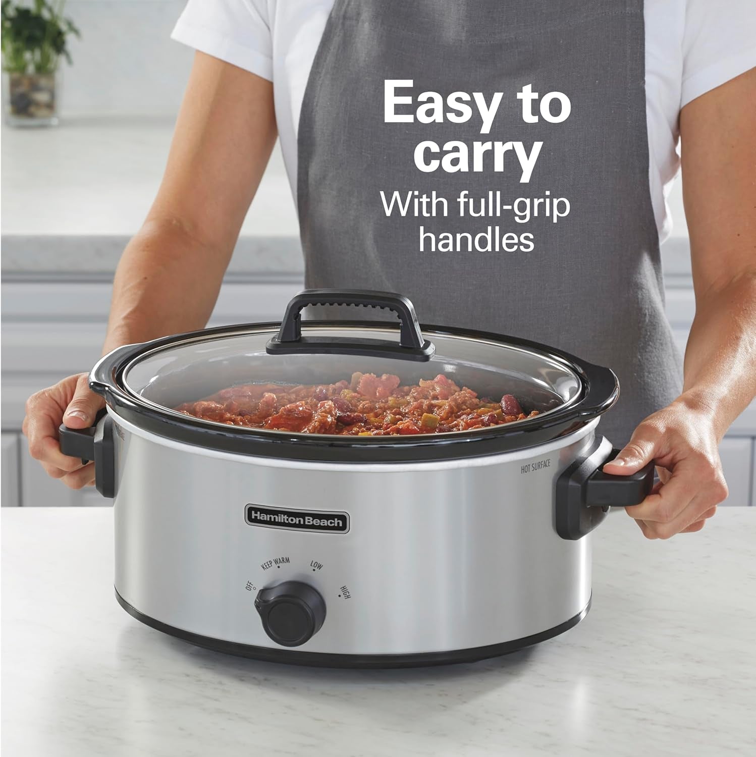 6-Quart Slow Cooker with 3 Cooking Settings, Dishwasher-Safe Stoneware Crock & Glass Lid, Silver (33665G)