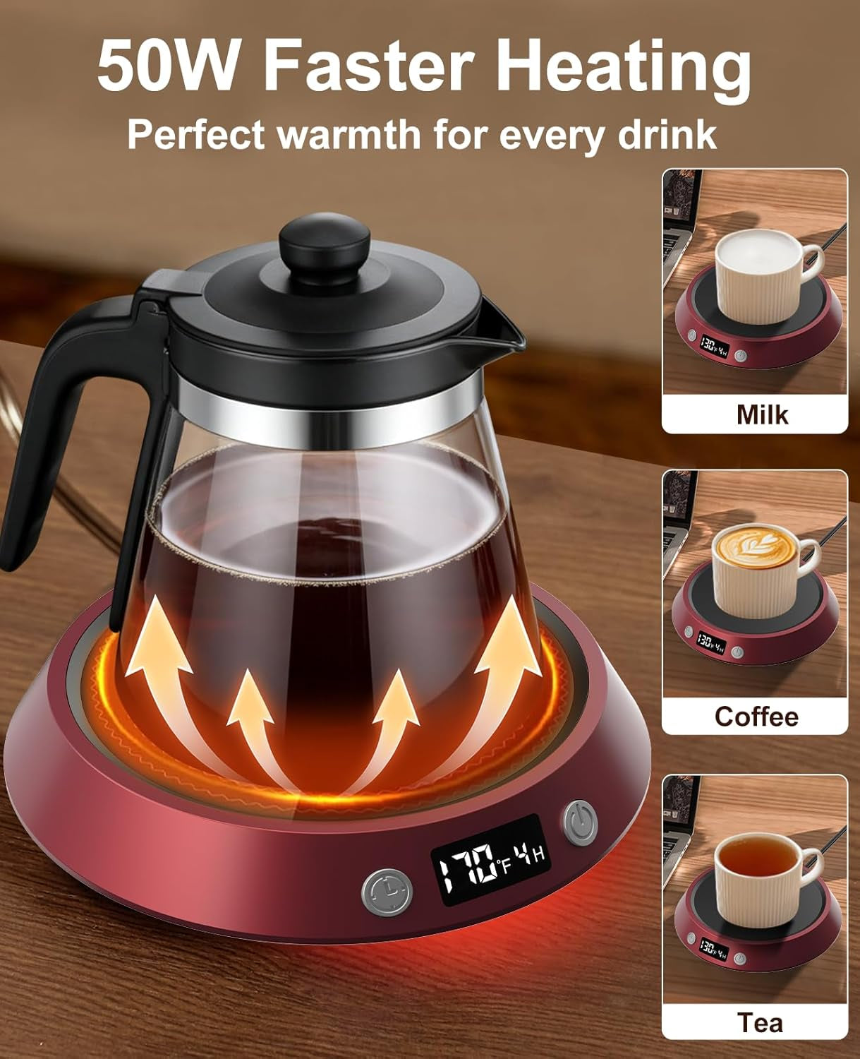 Coffee Mug Warmer - 50W Electric Coffee Warmer for Desk 3 Temp Settings & 2-9 Timer Smart Cup Warmer for Desk Candle Warmer Plate with LED Lights Beverage Tea Milk Warmer for Home & Office