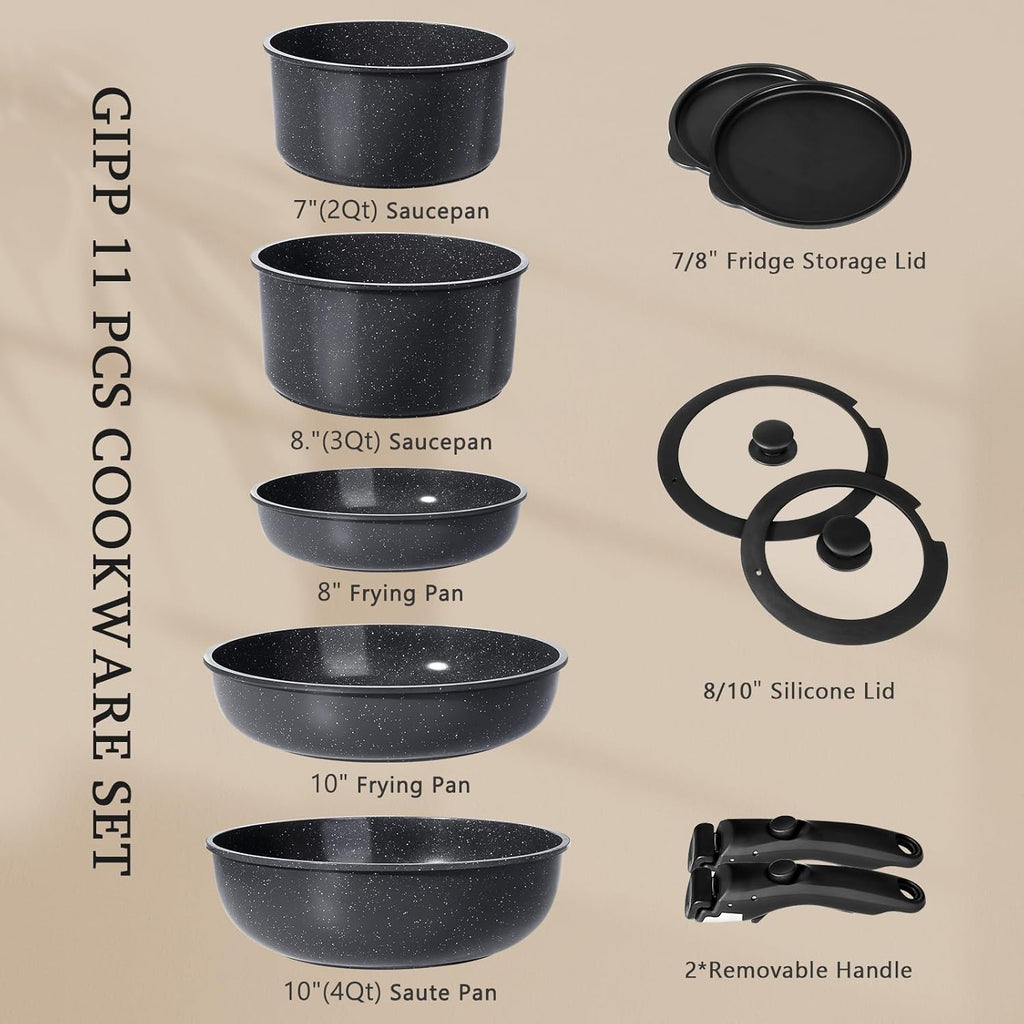 Ceramic Pots and Pans Set Non Stick, 11 Piece Nonstick Detachable Handle Cookware Sets, Non Toxic Induction Kitchen Pot and Pan with Removable Handle, Healthy RV Cookware, Dishwasher ＆Oven Safe