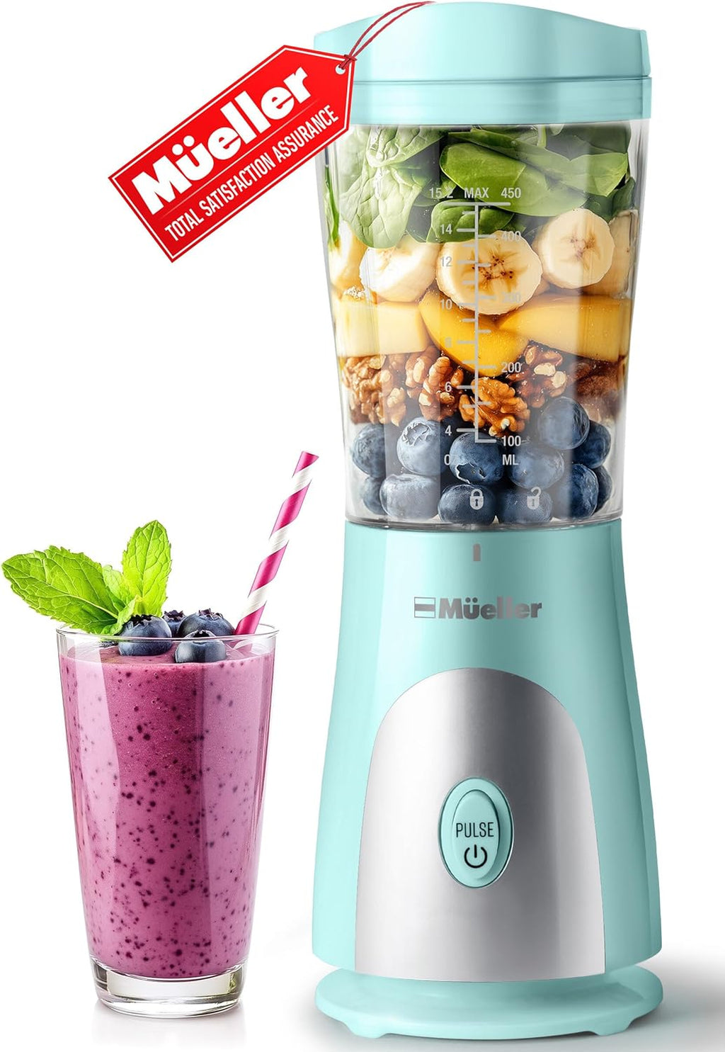 Heavy-Duty Personal Blender for Shakes and Smoothies with a 15 Oz Travel Cup and Lid, Juices, Baby Food, Portable Blender & Food Processor, Turquoise