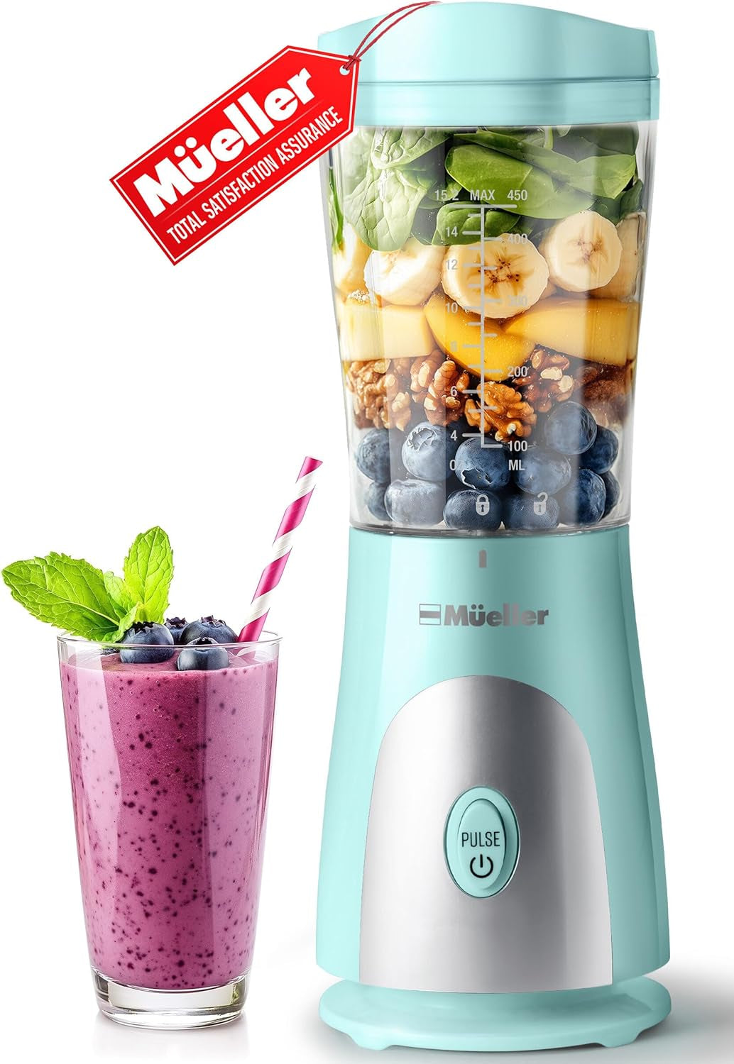 Heavy-Duty Personal Blender for Shakes and Smoothies with a 15 Oz Travel Cup and Lid, Juices, Baby Food, Portable Blender & Food Processor, Turquoise