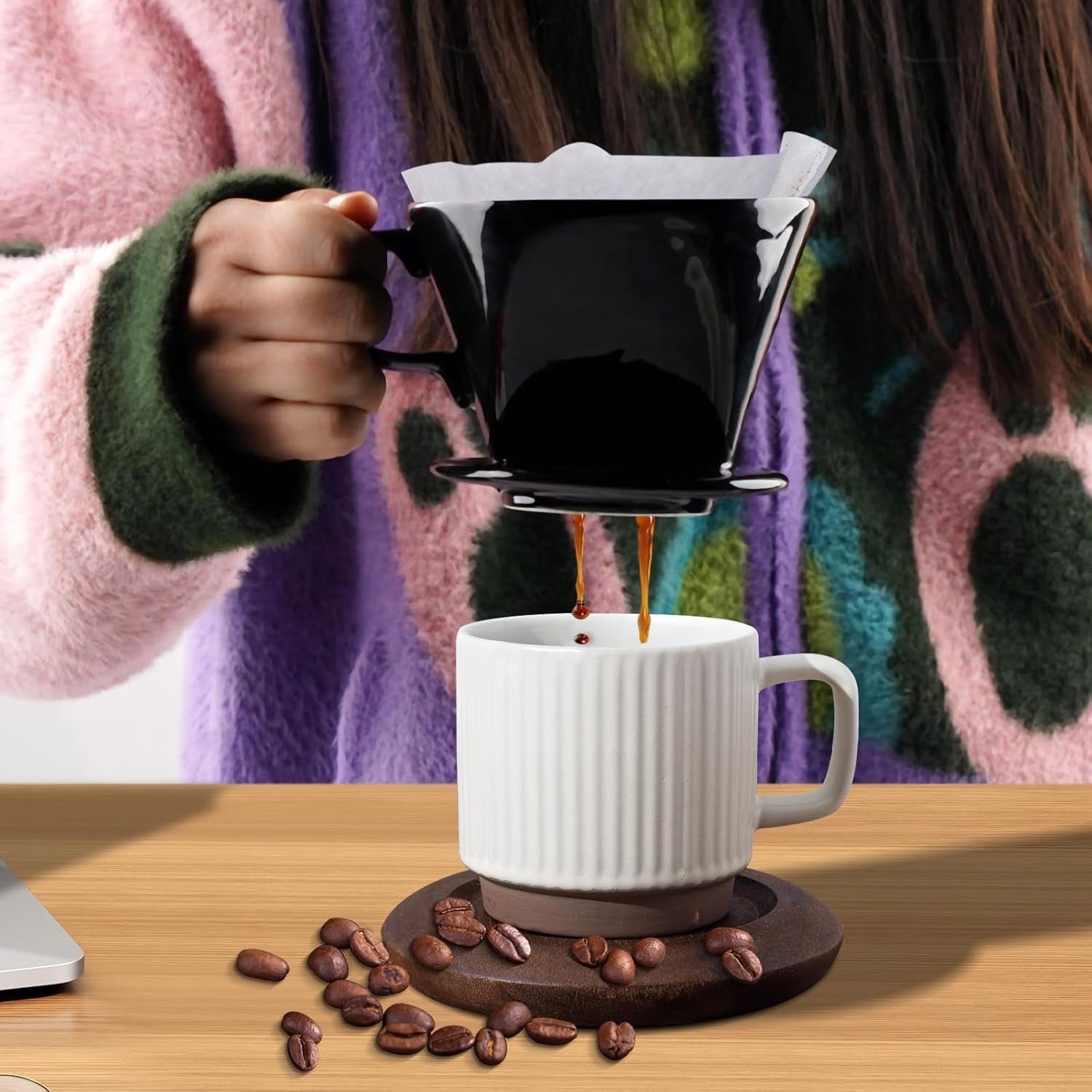 Handmade Pour over Ceramic Coffee Dripper - Authentic Brewing Experience for Camping, Office, and Home (Black)