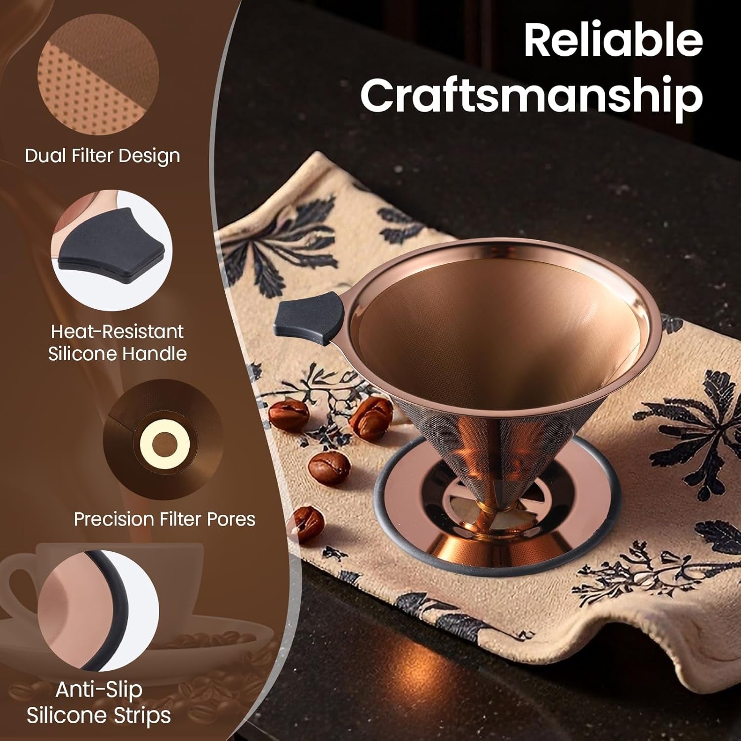 【2.0 Upgraded】Pour over Coffee Dripper, Stainless Steel Drip Cone Brewer, Reusable Metal Coffee Strainer with Non-Slip Ring & Handle, Paperless Pour over Coffee Maker (2.0 Titanium Copper)