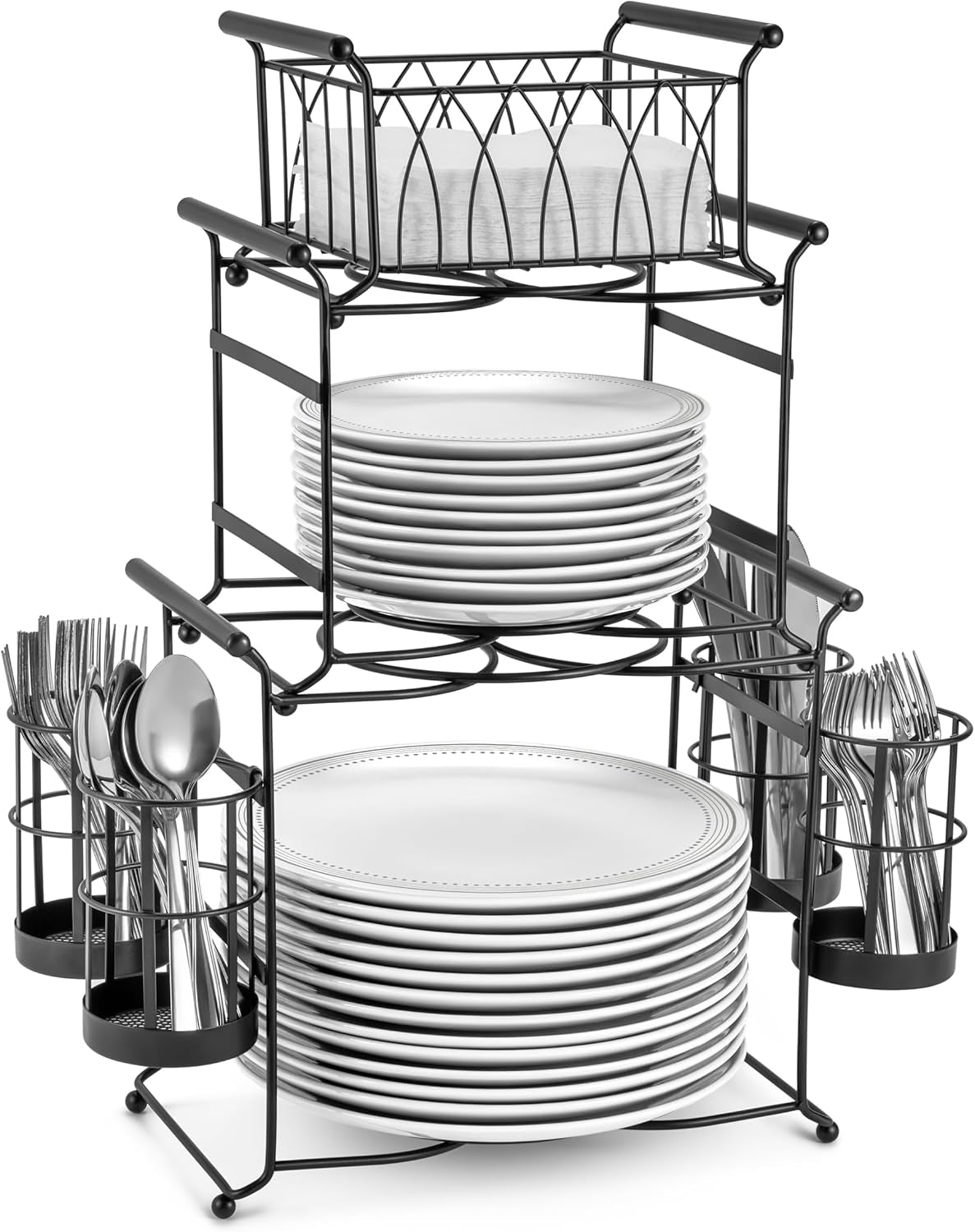 ® Buffet Caddy — 7-Piece Stackable Set Includes Plate, Napkin, and Silverware Holder, 3-Tier Detachable Tabletop Organizer — Ideal for Kitchen, Dining, Entertaining, Parties,Thanksgiving (Black)