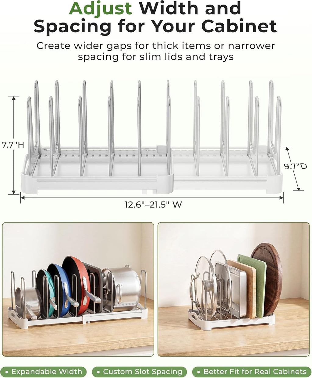 Adjustable Bakeware Organizer Pot Lid Holder Rack for Pots, Cake Molds, Cutting Boards, Mats, Cookware, GS02SS, 7.7'' Deep by 12.6'' to 21.5'' Wide