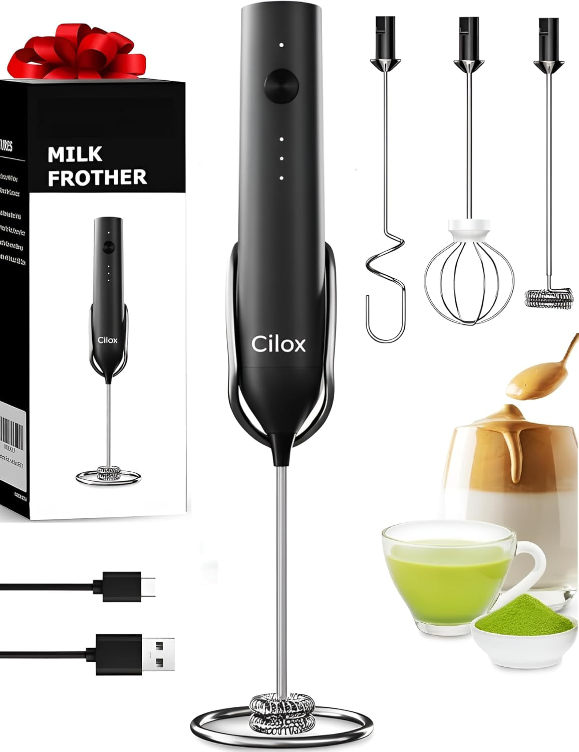 Rechargeable Milk Frother Handheld with 3 Whisk and Stand, 3 Speed Frother Wand Mixer, Dual Spring Whisk Coffee Frother for Matcha, Lattes, Cappuccino, Frappe Drink, Hot Chocolate
