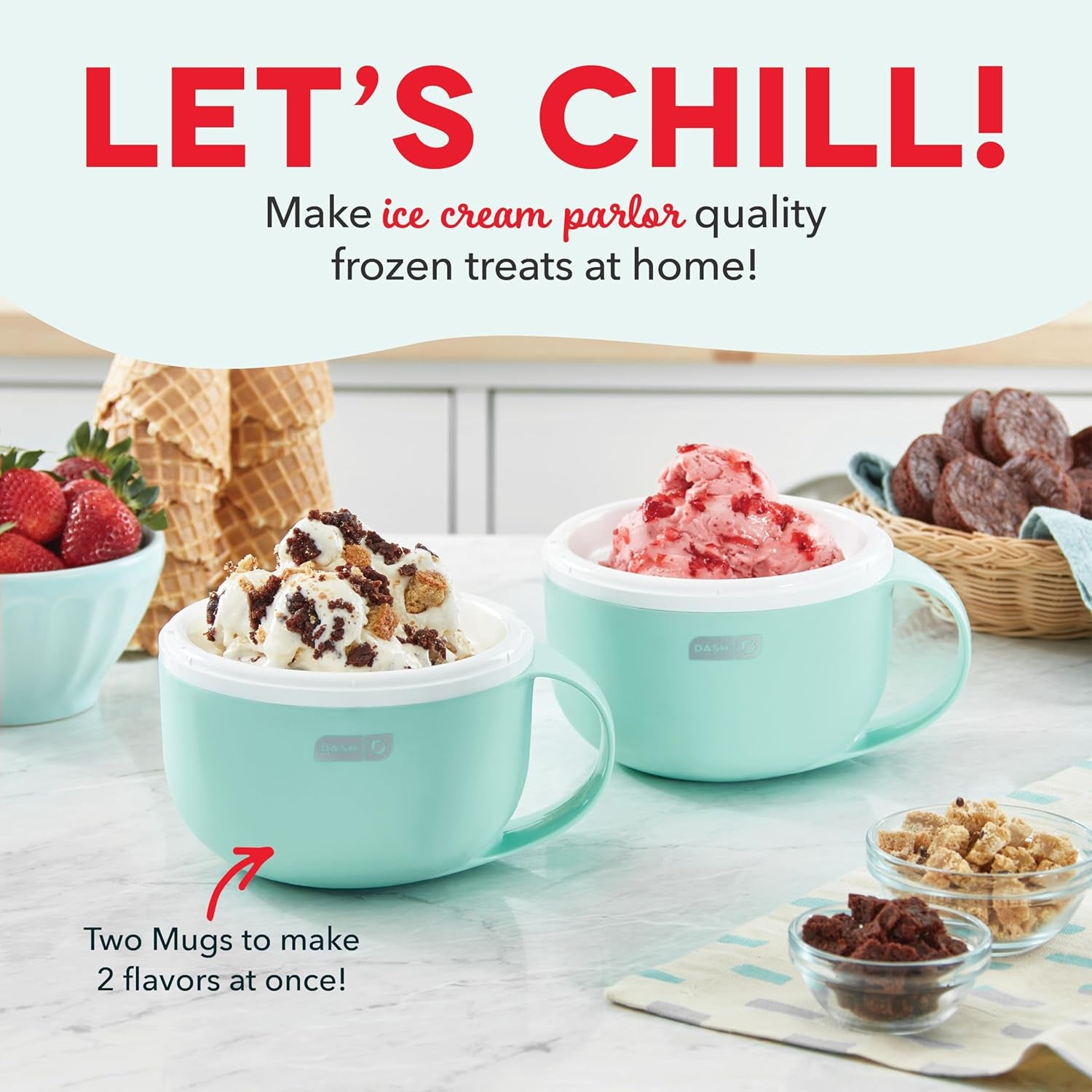 My Mug Ice Cream Maker - Makes Single Serving of Gelato, Frozen Yogurt, Sorbet & More - Easy to Clean & Use - Aqua, 2 Bowls
