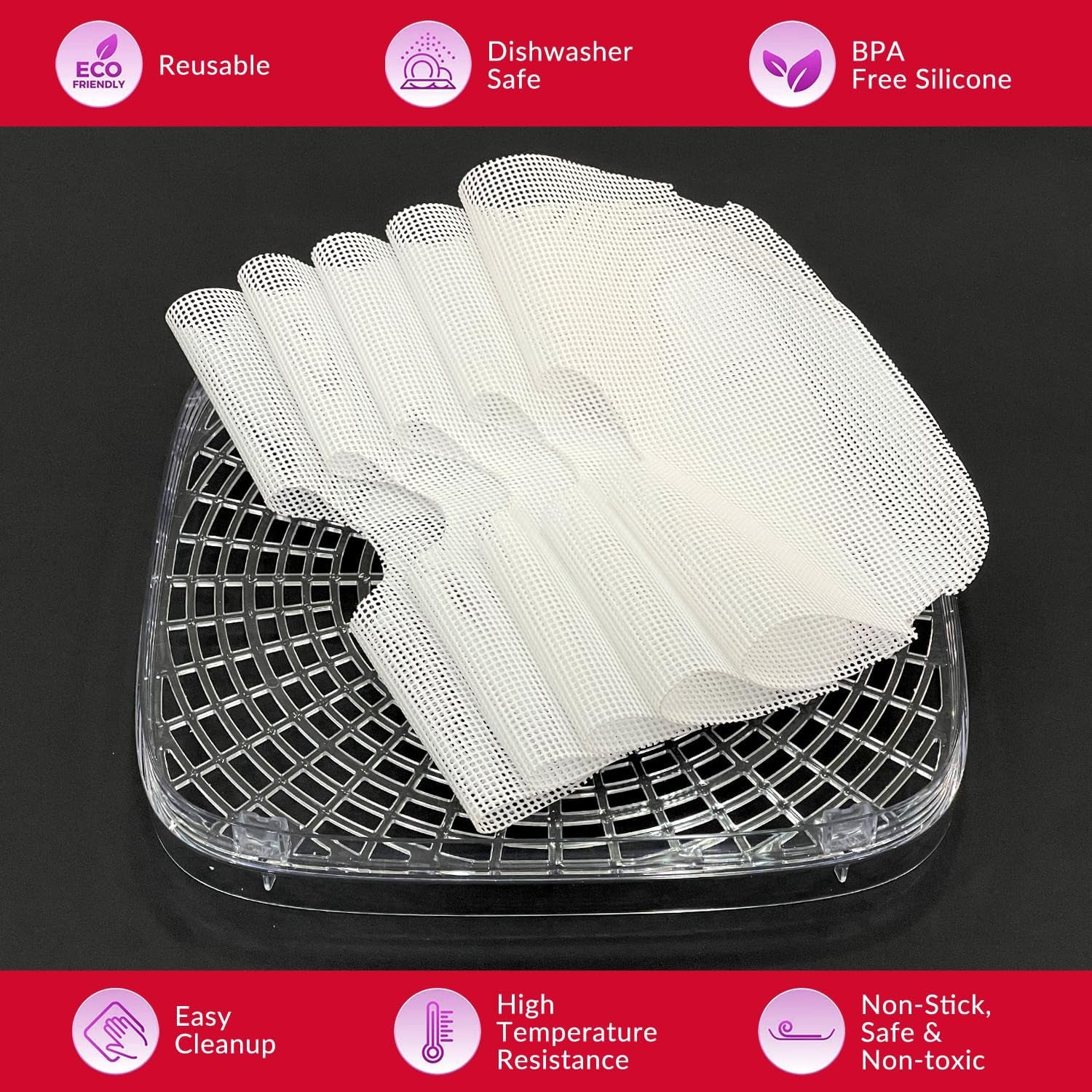 Silicone Dehydrator Sheets for OSTBA Food Dehydrator, Non-Stick BPA Free, Pack of 5 (Premium Reusable Food Dehydrator Mesh Mats)