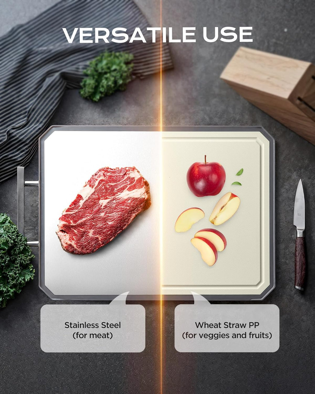 Stainless Steel Cutting Board,Double Sided Steel Bread Boards for Kitchen,Stainless Steel/Wheat Straw Pp Large Board for Meat,Non Toxic Chopping,16 * 11 Inch,Dishwasher Safe