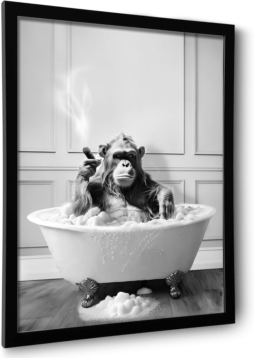 Framed Bathroom Decor Wall Art, Chimpanzee in Bathtub, Black and White Wall Art, Funny Bathroom Wall Decor Signs, Cute Animal Art Home Decor (Framed,8''X10'')