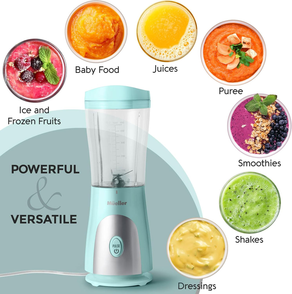 Heavy-Duty Personal Blender for Shakes and Smoothies with a 15 Oz Travel Cup and Lid, Juices, Baby Food, Portable Blender & Food Processor, Turquoise