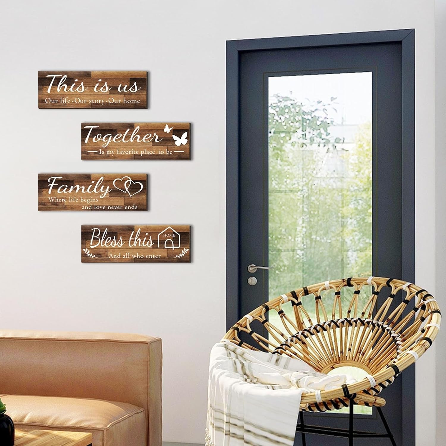 4 Pieces Home Wall Signs, THIS IS US/TOGETHER/BLESS THIS HOME/FAMILY Wall Decor for Living Room Bedroom, Rustic Wooden Farmhouse Wall Art , 4.7 X 13.8 Inch(Brown)