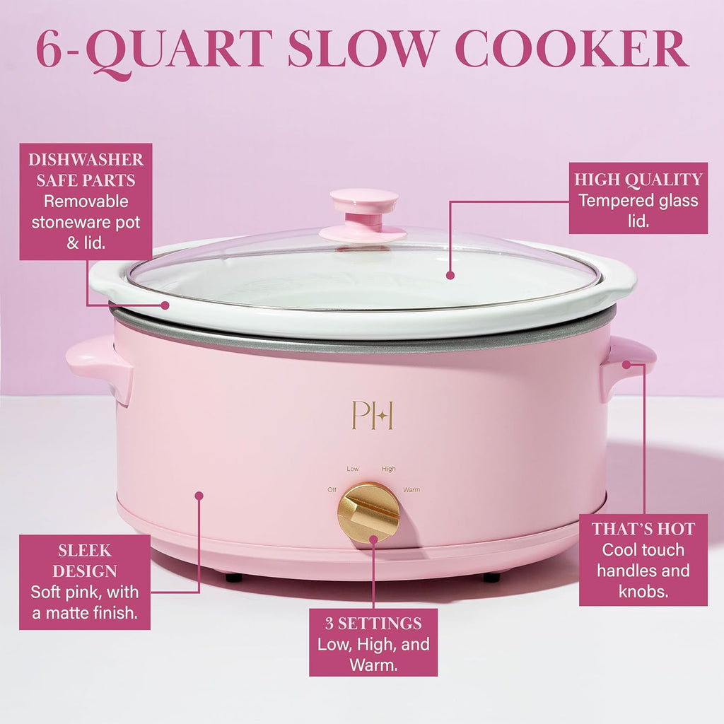 6-Quart Manual Slow Cooker, Features Three Settings (Low, High, Warm), Naturally Nonstick and Dishwasher Safe Stoneware Insert, Family Sized Capacity, Pink