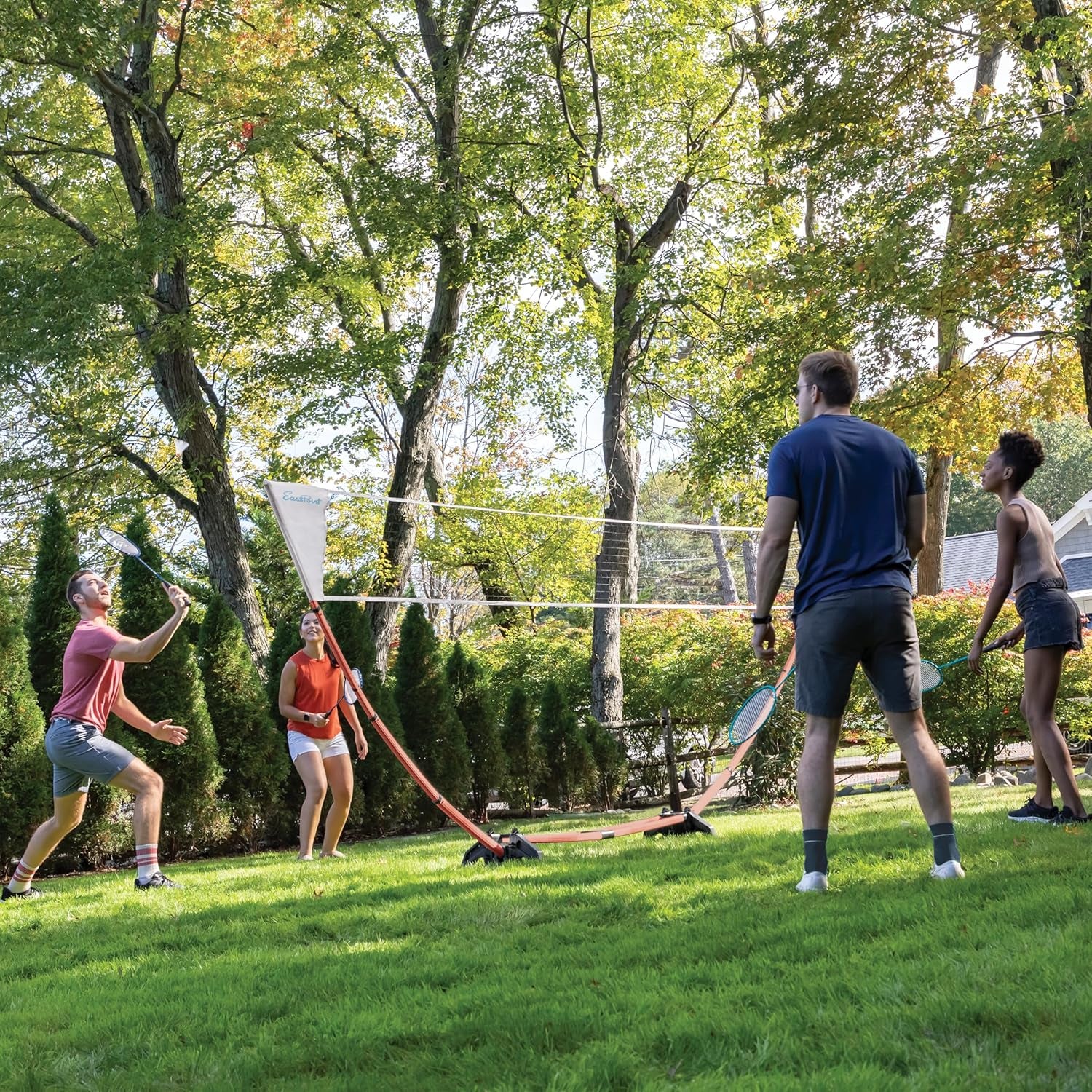 Easy Setup Badminton Set - 15 Ft Net, 4 Rackets, 2 Shuttlecocks - Quick Setup Net for Backyard Games - Steel Shaft Badminton Rackets for Family Games - Durable Shuttlecocks for Outdoors