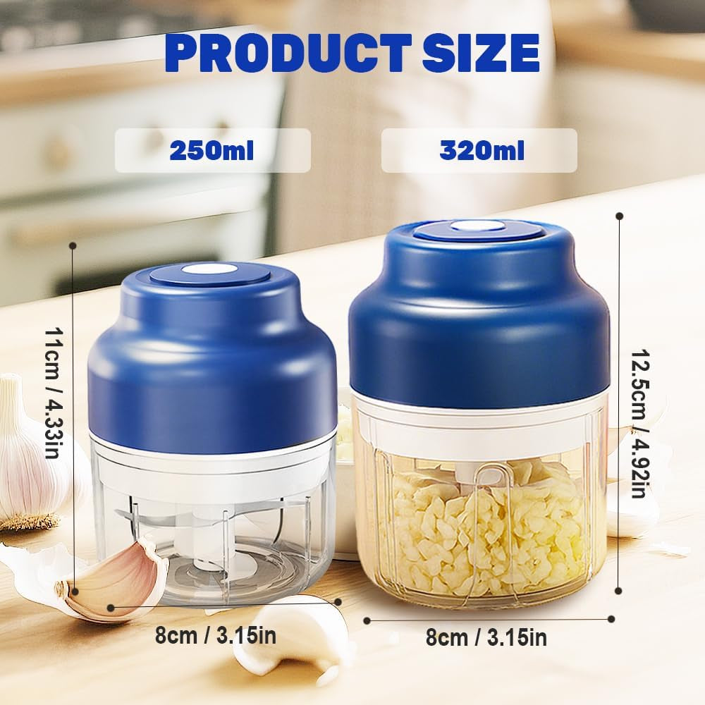 Electric Garlic Chopper with USB Rechargeable Design, Portable Food Processor for Garlic, Onion, Chili, Nuts, Vegetables, One-Touch Mini Kitchen Helper (Blue, 250Ml)
