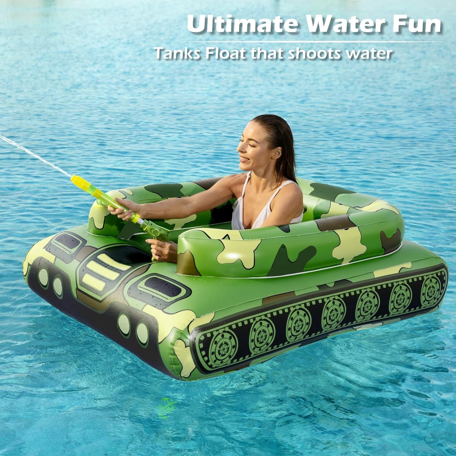 Inflatable Tank Swimming Pool Floaties with Water Cannon Gun Swim Floaty Rafts for Lake, Beach & Pool Party Toys for Boys, Girls, Kids & Adults- Green