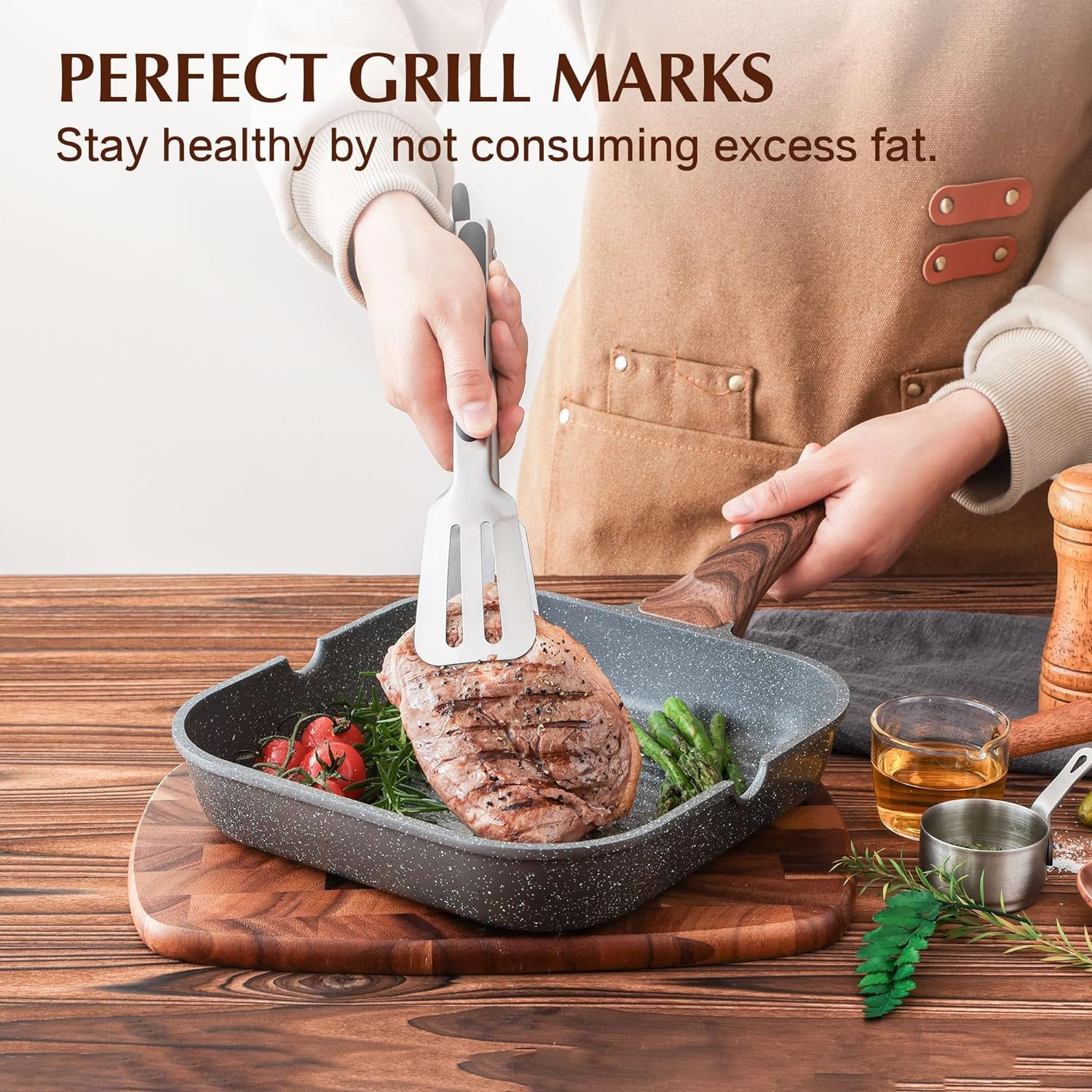 Nonstick Grill Pan for Stove Tops, Versatile Griddle with Pour Spouts, Square Big Cooking Surface, Durable Skillet Indoor & Outdoor Grilling. PFOA Free, 9.5 Inch