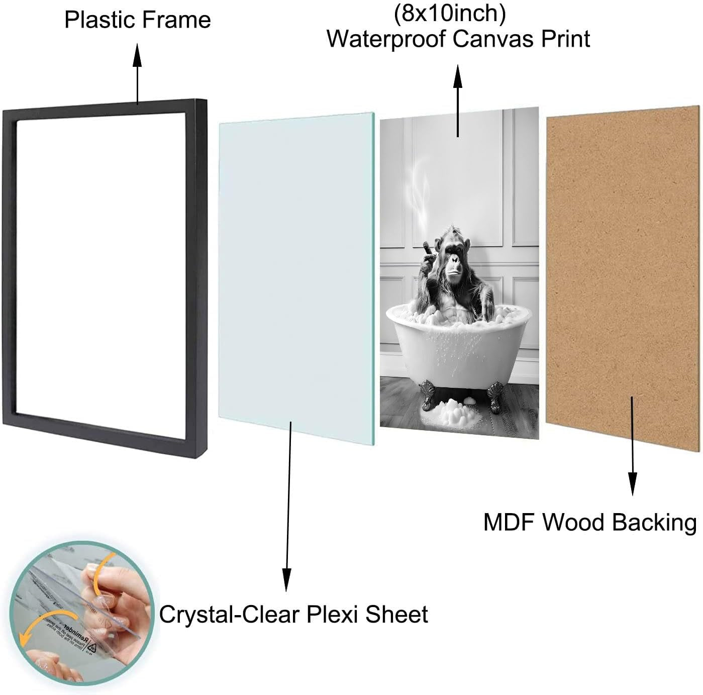 Framed Bathroom Decor Wall Art, Chimpanzee in Bathtub, Black and White Wall Art, Funny Bathroom Wall Decor Signs, Cute Animal Art Home Decor (Framed,8''X10'')