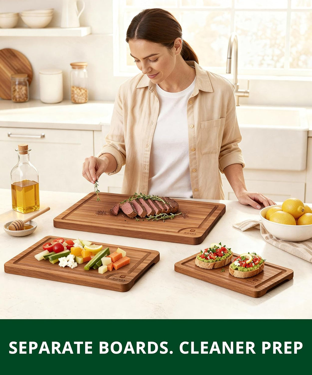 Wooden Cutting Boards for Kitchen Meal Prep & Serving - Non Toxic Bamboo Wood Cutting Board Set with Deep Juice Groove Side Handles - Charcuterie & Chopping Butcher Block for Meat