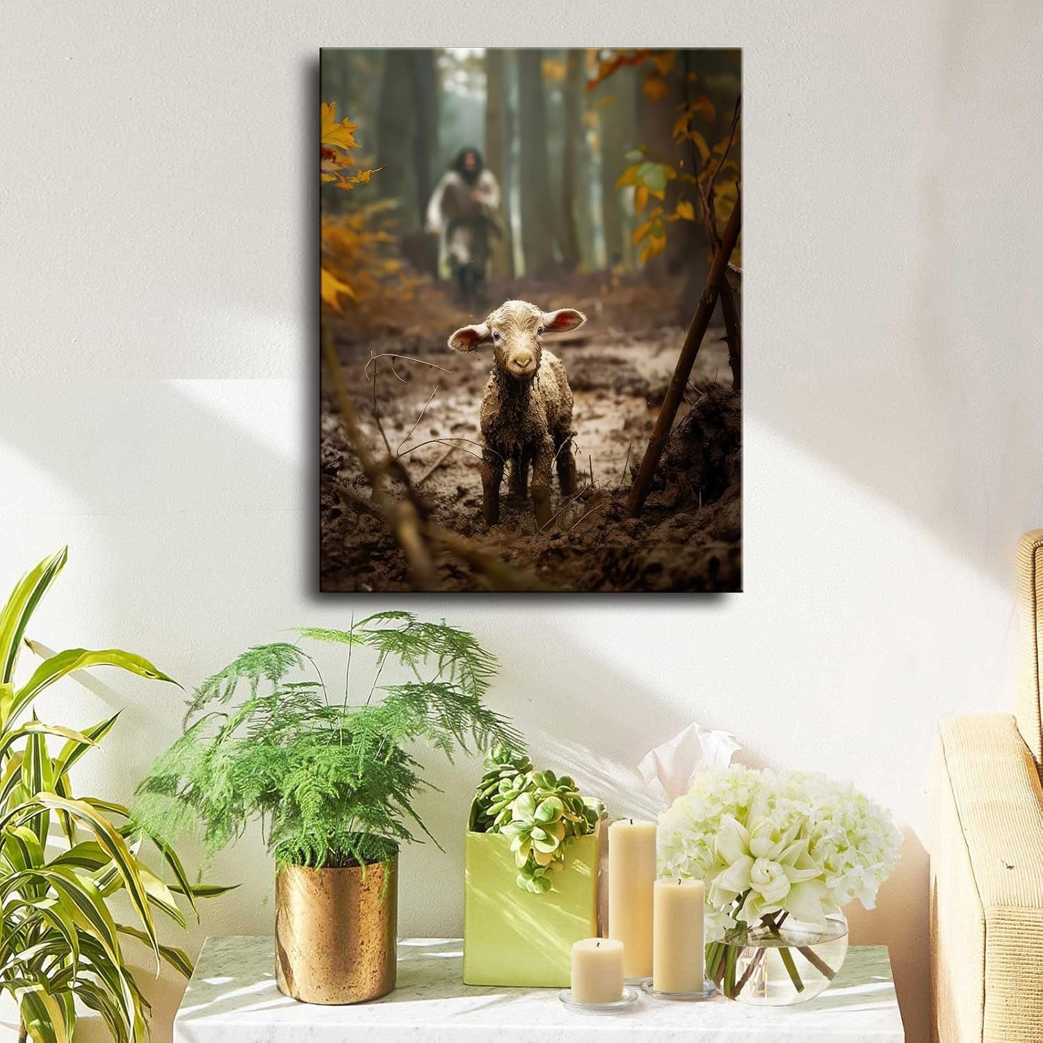 Religious Wall Decor for Prayer Room Christian Wall Art for Christmas Decorations Indoor Jesus and Lamb Canvas Wall Prints Jesus Running after Lost Lamb Picture for Home Decor Baptism Gifts for Boys-Girl Serenity Prayer Wall Art Christian Gifts for Women,