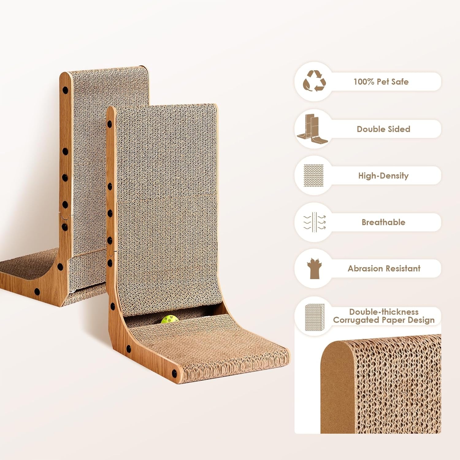 Cardboard Cat Scratcher for Indoor Cats, 26.8 Inch L Shaped Vertical Cat Scratching Board with Ball Cat Toy, Large Cat Scratcher Pad, Brown