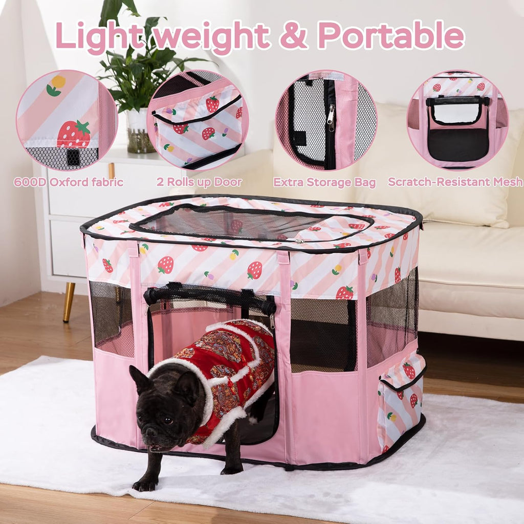 Portable Pet Cat Playpen,Cat Cages Indoor Collapsible Dog Crates Tent Kennel Playpen for Dogs Cat and Rabbit Travel Dog Playpen Indoor & Outdoor (Small（27.6" L X 21.7" W X 17.7" H）, Pink)