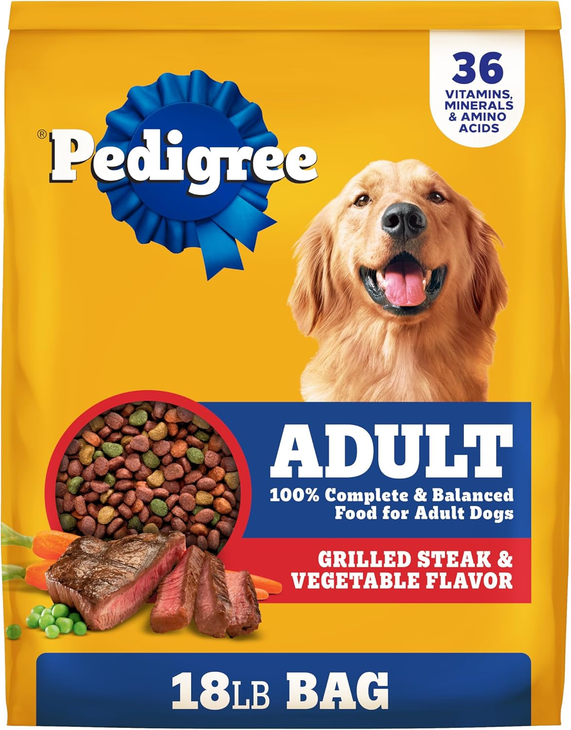 Pedigree Adult Dry Dog Food, Complete Nutrition, Grilled Steak & Vegetable Flavor, 18 Lb. Bag