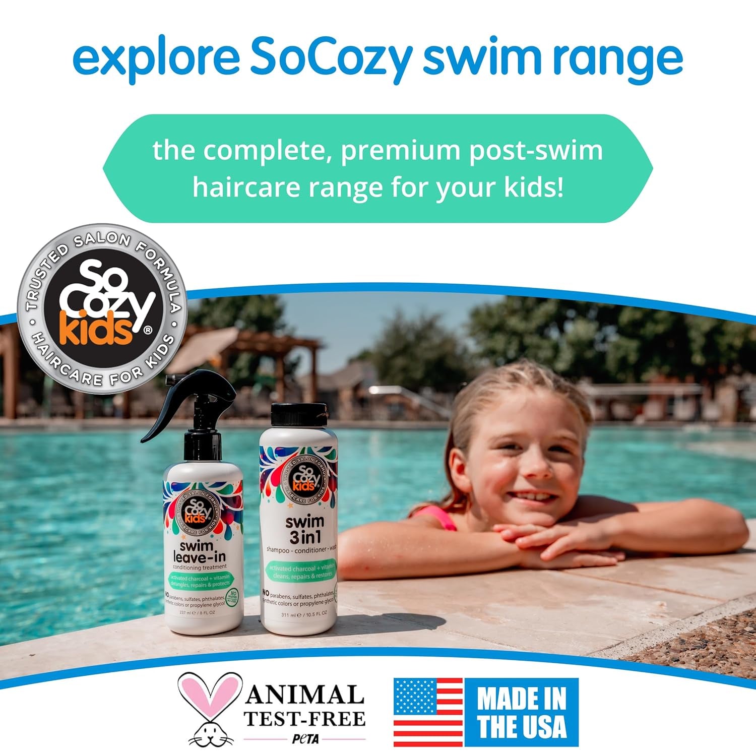 Socozy Swim Leave in Conditioner Spray & Treatment for Kids Hair (8 Fl Oz) Protects & Repairs Pool, Sun & Salt Damaged Hair, Gentle Formula with Activated Charcoal, Vitamin B5 & Sunflower Seed Extract