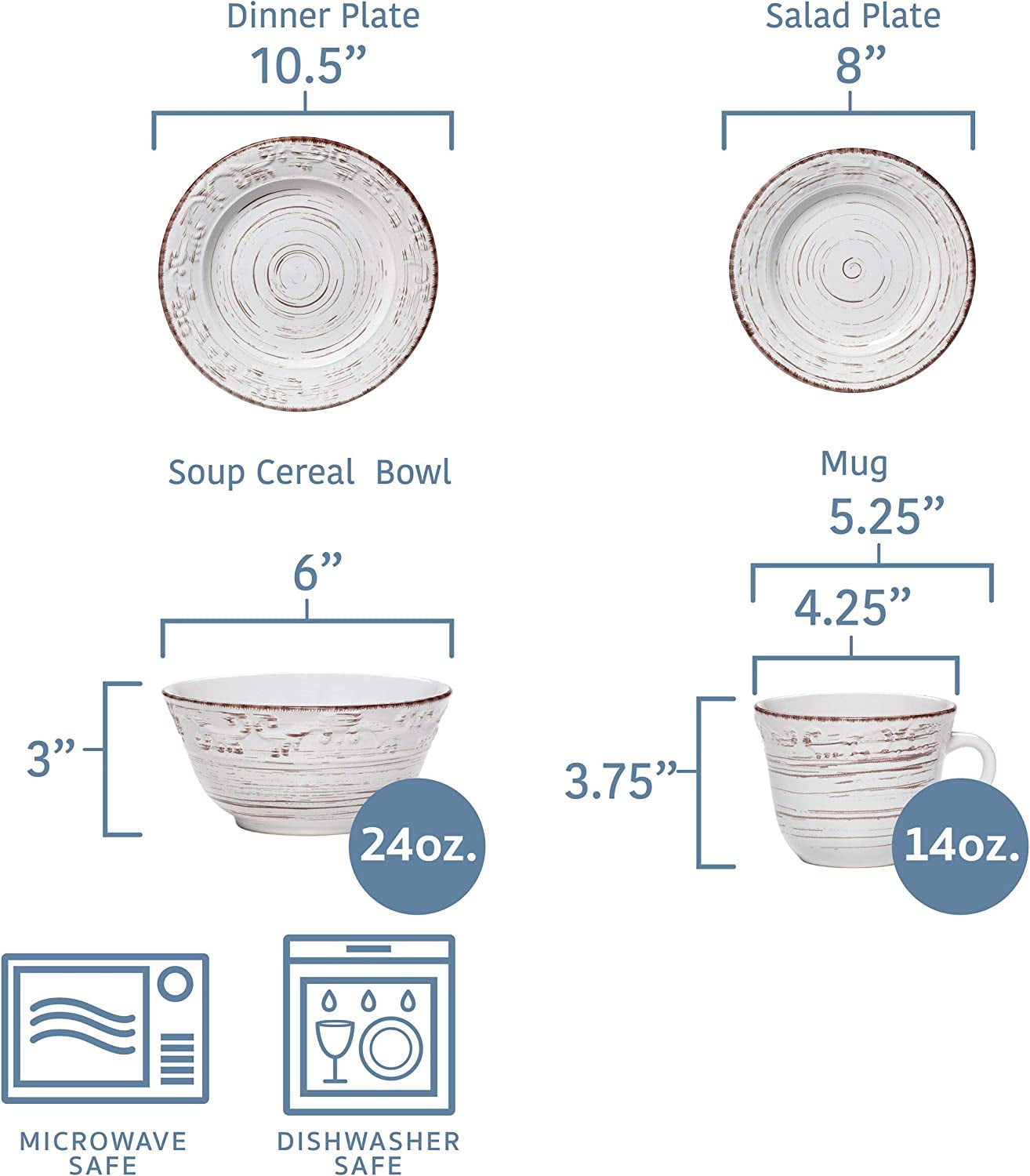Trellis White 16-Piece Stoneware Dinnerware Set, Service for 4, Distressed White Finish, Microwave & Dishwasher Safe Plates and Bowls