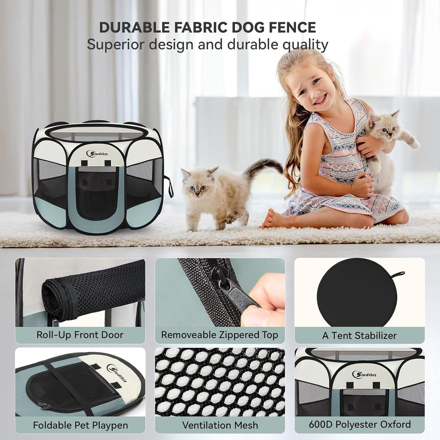 Dog Cat Playpen, Puppy Pet Playpen Indoor for Small Dog Crate Tent Cage Outdoor, Portable Pop up Dogs Enclosure Kennel with Carrying Case for Dogs/Cats/Rabbits(Grey, Small