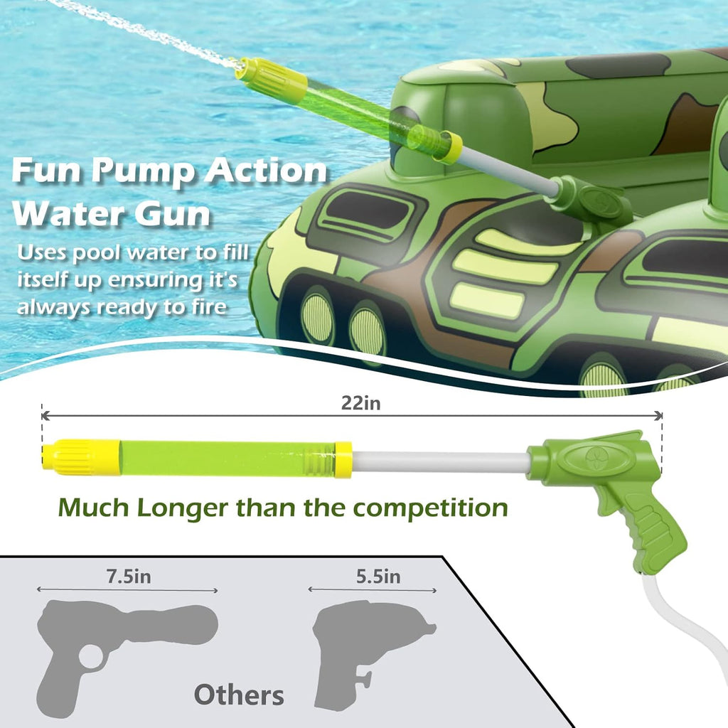 Inflatable Tank Swimming Pool Floaties with Water Cannon Gun Swim Floaty Rafts for Lake, Beach & Pool Party Toys for Boys, Girls, Kids & Adults- Green