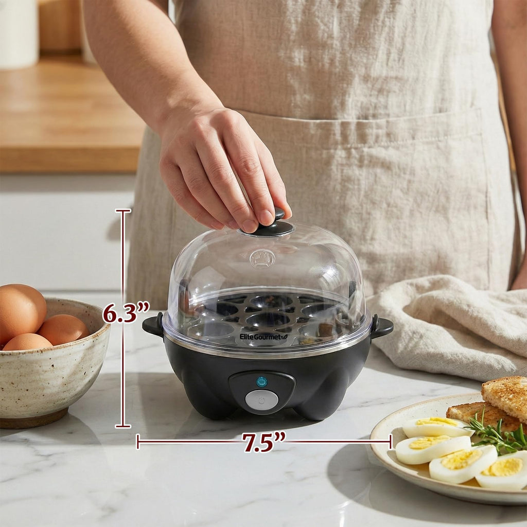 EGC-007B# Rapid Egg Cooker, 7 Easy-To-Peel, Hard, Medium, Soft Boiled Eggs, Poacher, Omelet Maker, Auto Shut-Off, Alarm, 16-Recipe Booklet, Black