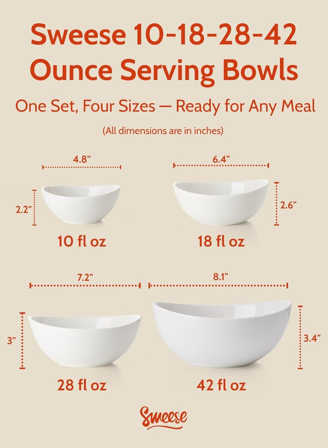 Porcelain Serving Bowls Set, 10-42 Oz, Versatile for Salad, Soup, Snacks, Microwave Dishwasher Safe, White