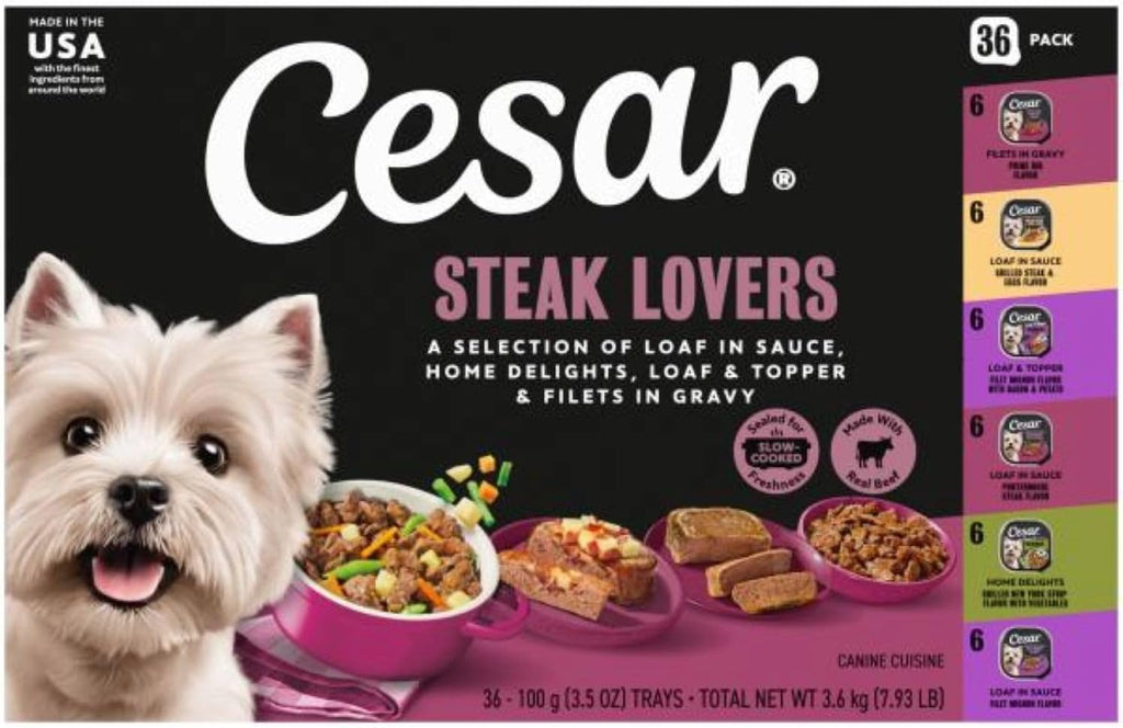 Adult Wet Dog Food Steak Lovers Variety Pack with Real Meat, 3.5 Oz. Easy Peel Trays, 36 Count (Pack of 1)
