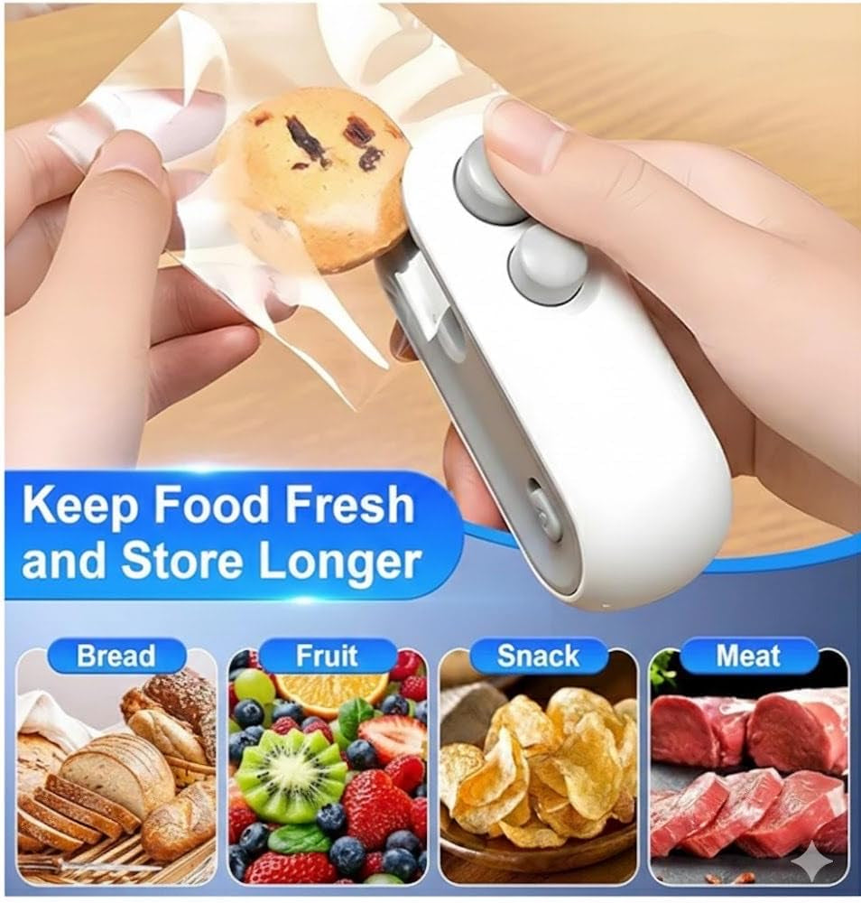 Zelivo Mini Bag Sealer with Cutter & Magnet, Rechargeable USB-C, 2-In-1 Portable Heat Sealer, White, Plastic, 5 Watts, Battery Powered