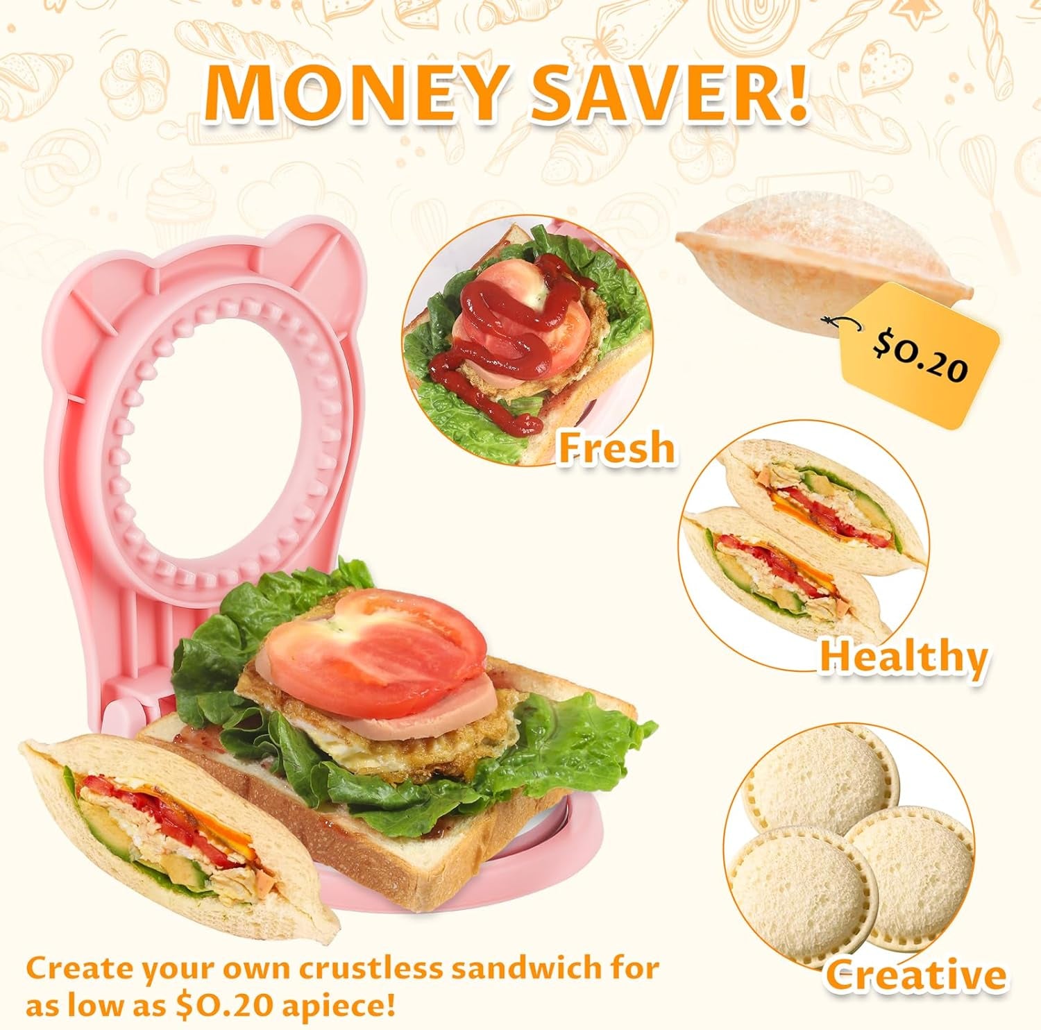 Uncrustable Sandwich Maker,Sandwiches Pocket Circle Shape 3.7Inch Sandwich Cutter and Sealer,Sandwich Cutter for Kids Breakfast and Lunchboxes (Pink)