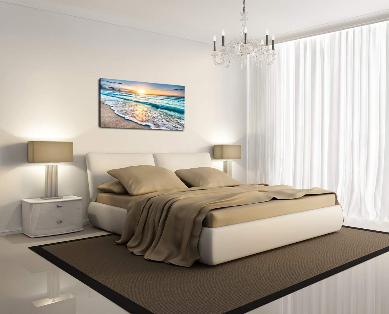 S02250 Canvas Prints Wall Art Beach Sunset Ocean Waves Nature Pictures Stretched Canvas Wooden Framed for Living Room Bedroom and Office