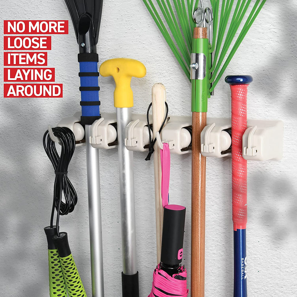 Mop and Broom Holder Wall Mount - Garage Storage Systems with 5 Slots, 6 Hooks, 7.5Lbs Capacity per Slot - Garden Tool Organizer for Home, Kitchen, Closet, Garage, Laundry Room - Off-White