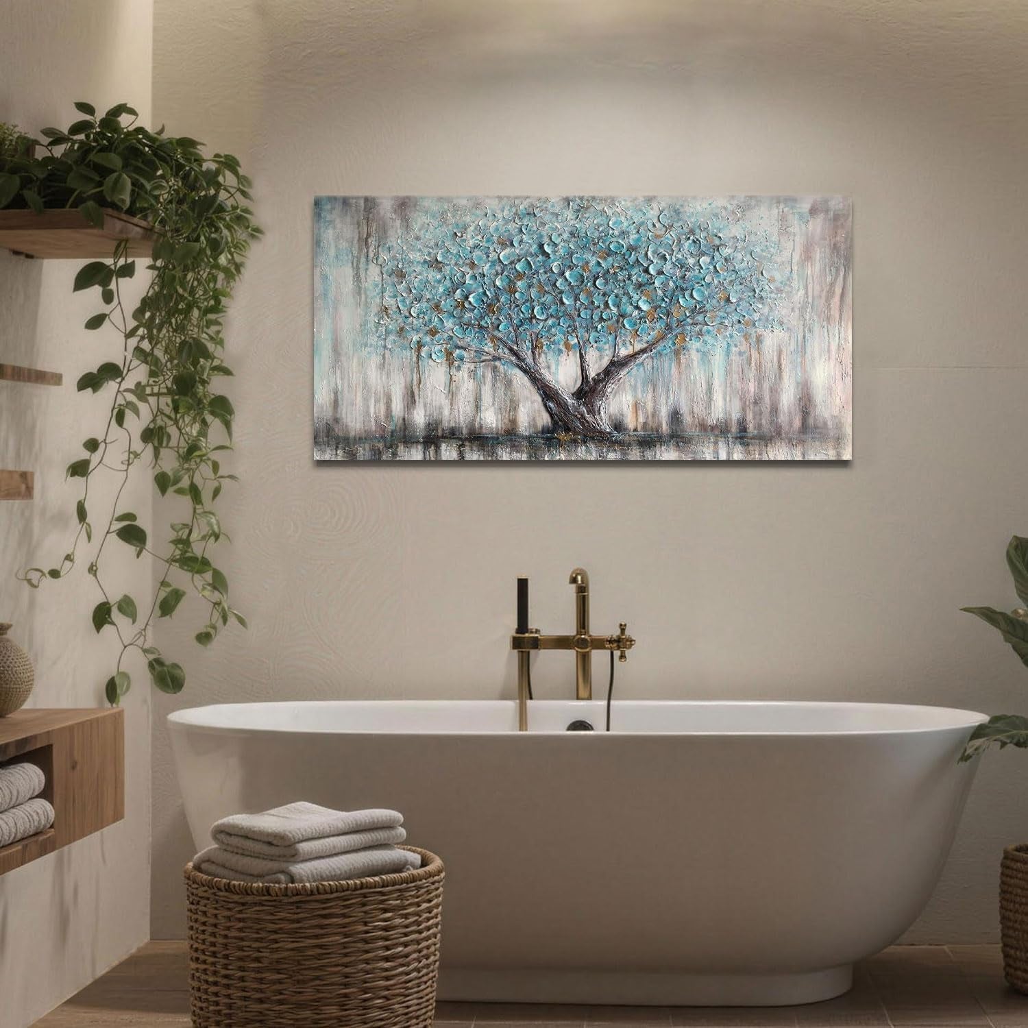 Tree of Life Wall Art Canvas for Living Room Blue Tree Nature Teal Painting, 50% Hand Painted Textured Picture Bedroom Panoramic Landscape Artwork Framed Home Office Decor 40"X20"
