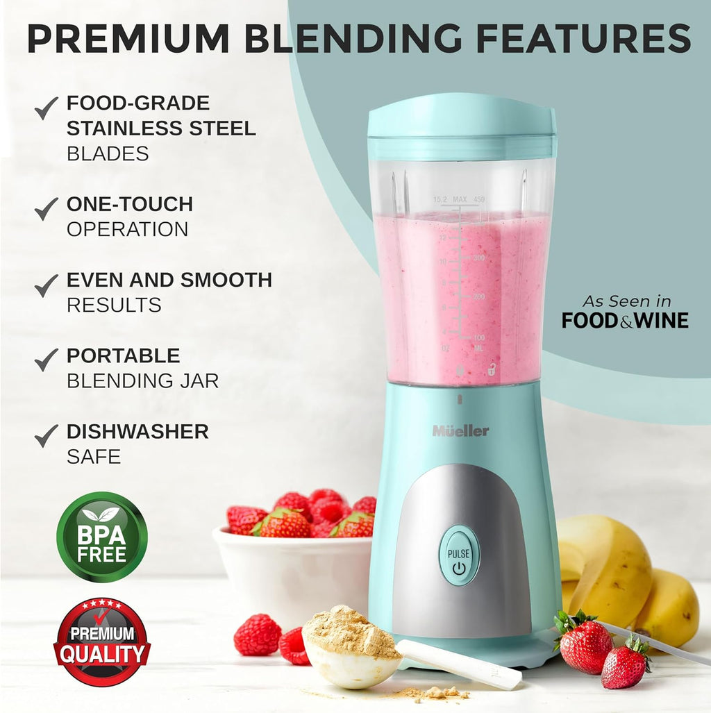 Heavy-Duty Personal Blender for Shakes and Smoothies with a 15 Oz Travel Cup and Lid, Juices, Baby Food, Portable Blender & Food Processor, Turquoise