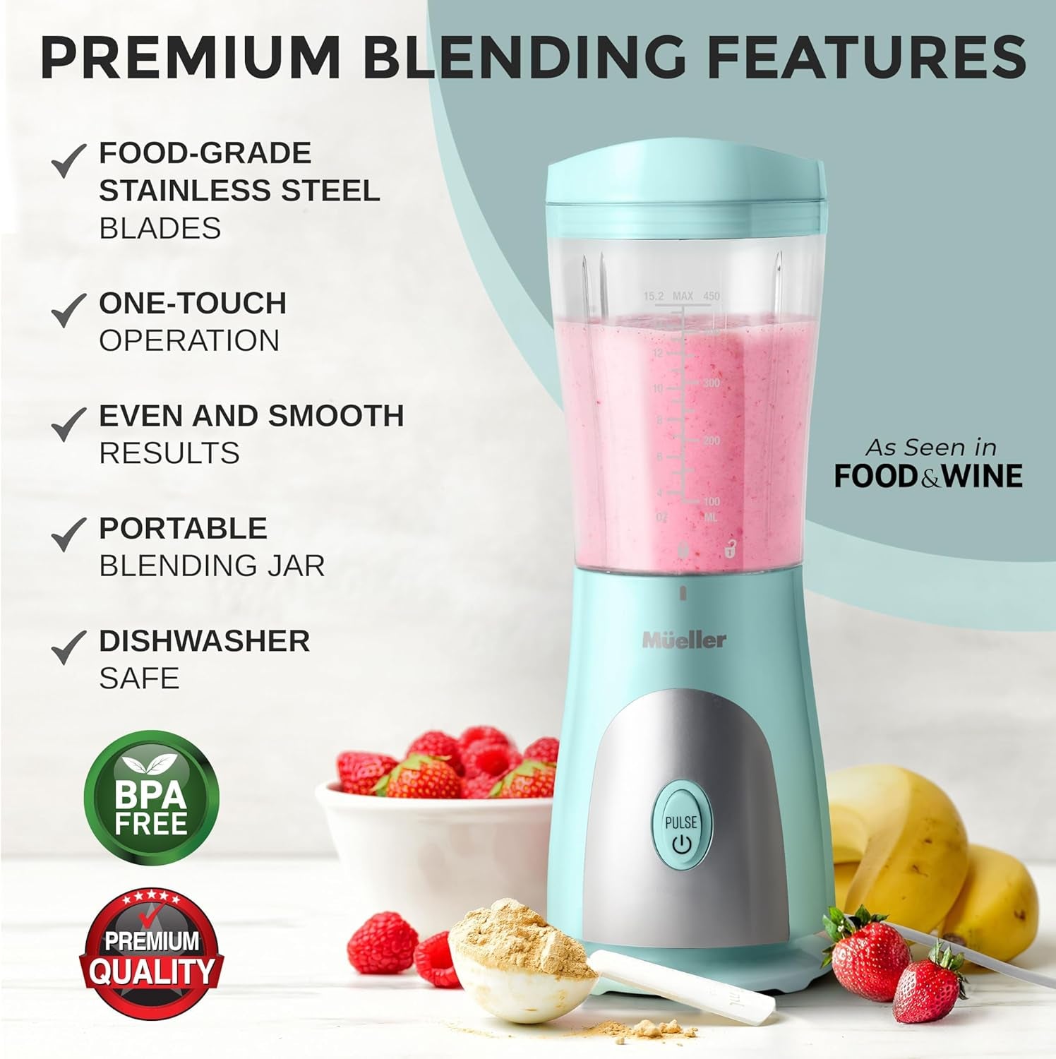 Heavy-Duty Personal Blender for Shakes and Smoothies with a 15 Oz Travel Cup and Lid, Juices, Baby Food, Portable Blender & Food Processor, Turquoise