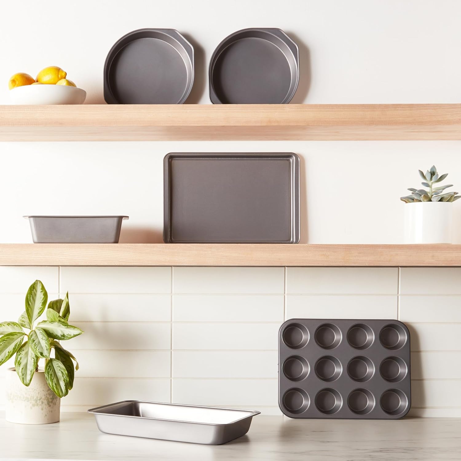 6 Piece Nonstick Carbon Steel Bakeware Set with Cake, Muffin, Cookie, and Loaf Pans, Easy Release, Oven Safe, 16.25 X 11.75 X 6.25 Inches
