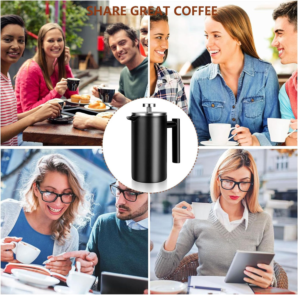 34 OZ Large French Press, Premium Stainless Steel Sturdy Insulated French Press Coffee Maker, 4-8 Cups French Coffee Press, Tea Presses for Home Kitchen Caming Loose Tea, Elegant Black