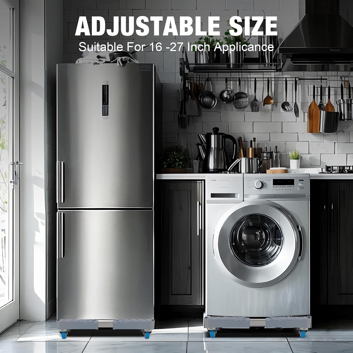 Adjustable Mini Fridge Stand: Mobile Appliance Dolly with 4 Locking Wheels, Universal Fit for Washing Machine, Refrigerator, Furniture - 600 Lbs Capacity