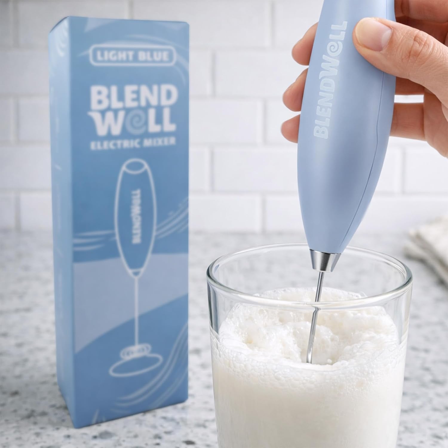 Electric Milk Frother for Matcha and Coffee, Handheld Battery Operated Drink Mixer with Stand, Stainless Steel Whisk, Light Blue