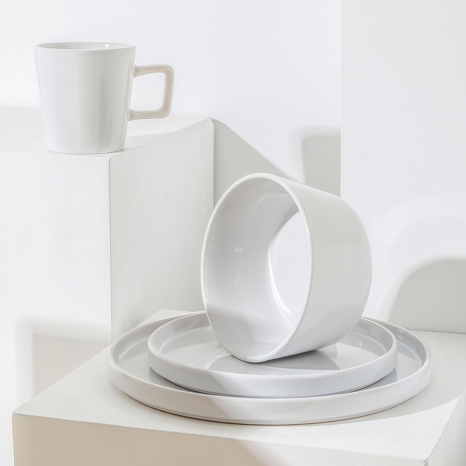 Celina Modern Stoneware 16-Piece Dinnerware Set, Plates and Bowls Set, White Glossy, Dish Set Service for 4